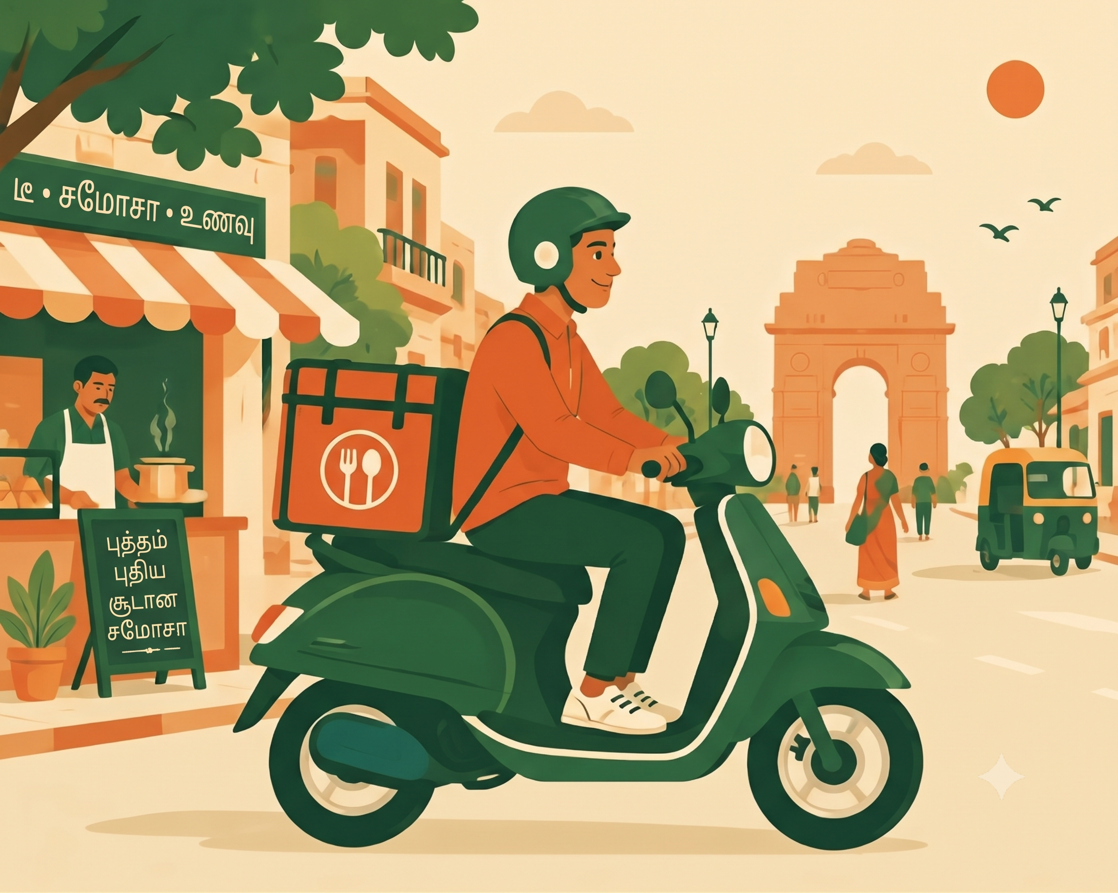 Illustration of a delivery rider on a scooter